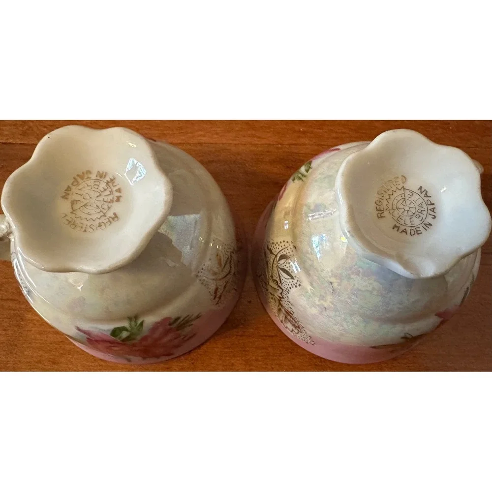 Vintage Set of 2 Japanese Teacups Pink Floral Iridescent Gold Trim‎